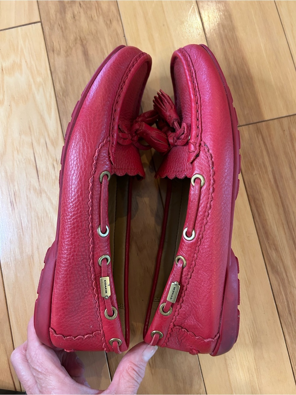 Coach Red Leather Tassel Driving Loafers - Picture 8 of 14